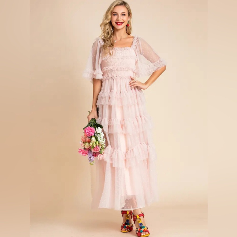 Pink Polka Dots Mesh Long Dress Women's Flare Sleeve Elastic waist